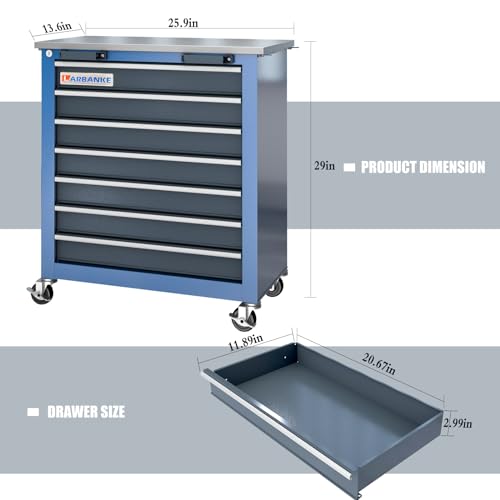7-Drawer Rolling Toolbox,Tool Box with 360° Lockable Wheels and Padded Feet,Tool Chest with Keyed Locking System and Drawer Liners
