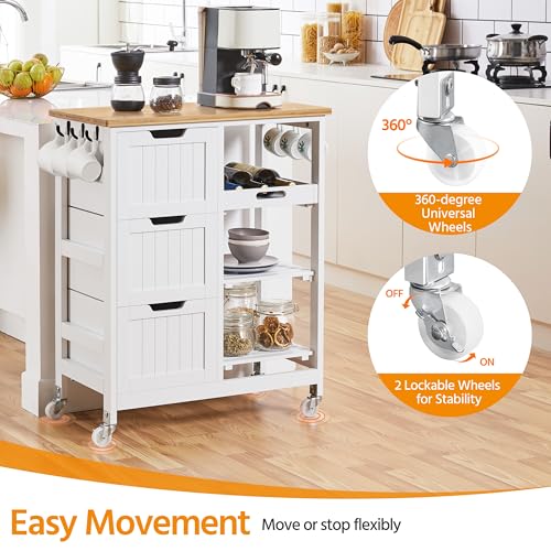 Yaheetech Kitchen Island Cart on Wheels with Bamboo Countertop, Rolling Serving Utility Trolley Cart with 3 Drawers