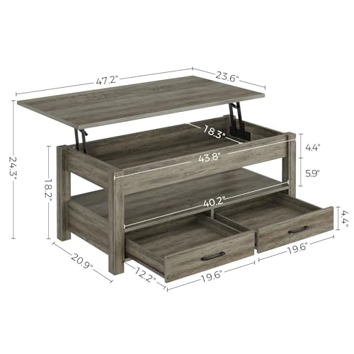 Rolanstar Coffee Table, Lift Top Coffee Table with Drawers and Hidden Compartment, Retro Central Table with Wooden Lift Tabletop, for Living Room