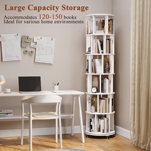 6 Tier Rotating Bookshelf Tower Spinning Bookshelf with Swivel Wheels Book Shelf Rotating Storage Tower for Kids Adult Narrow Walnut Solid Wood