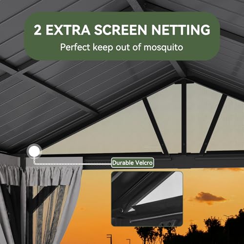Aoxun 10' X 12' Hardtop Gazebo, Aluminum Outdoor Gazebo with Galvanized Steel Gable Roof Canopy, Patio Permanent Metal Pavilion with Netting