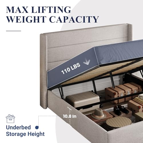 Allewie Full Size Lift Up Storage Bed, Modern Wingback Headboard, Hydraulic Support, No Box Spring Needed, Light Beige