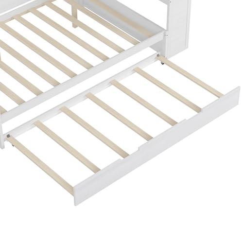 Bellemave Twin Corner Bed Frame with Storage Shelves and Desk, Wood Twin Size Daybed with Bookcase and Drawers and Storage, Gray