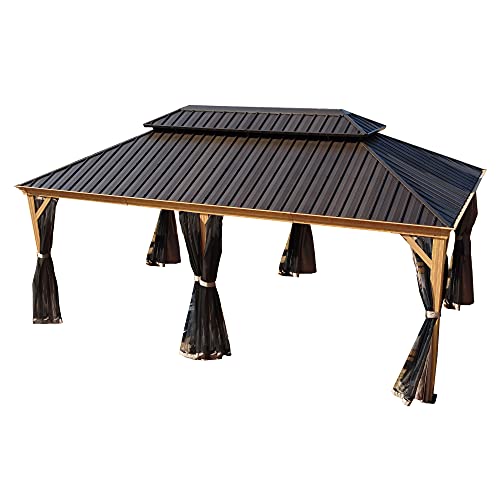Kozyard Apollo 10’x12’ Hardtop Gazebo, Wooden Coated Aluminum Frame Canopy with Galvanized Steel Double Roof