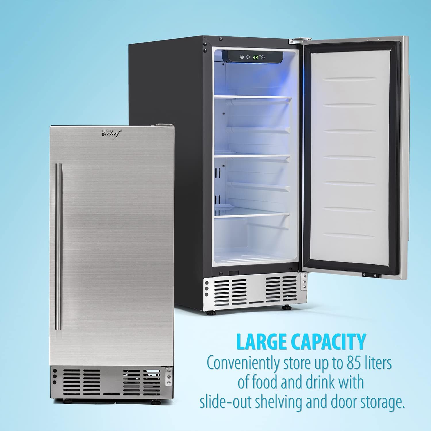 Deco Chef 15-Inch Under Counter Mini Fridge, Stainless Steel Finish, Adjustable Digital Thermostat, 32F to 50F, Refrigerator for Food, Snacks, Sodas