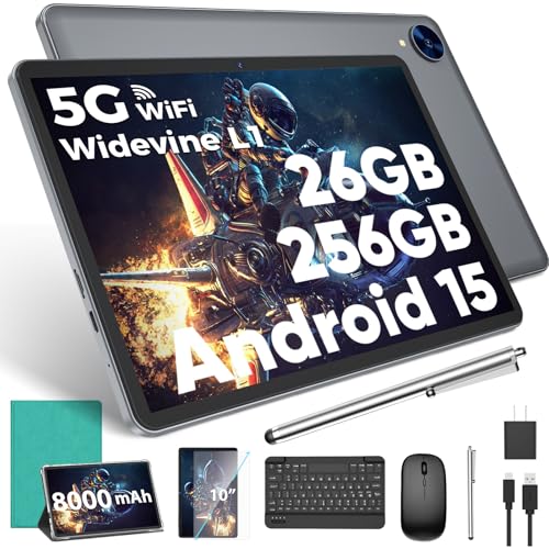 Android 15 Tablet with Keyboard, 26GB RAM, 256GB ROM(2TB Expand), 10.1 inch Octa-Core Tablets, 5G/2.4G WiFi, 8000mAh Battery, BT 5.0, GMS Certified