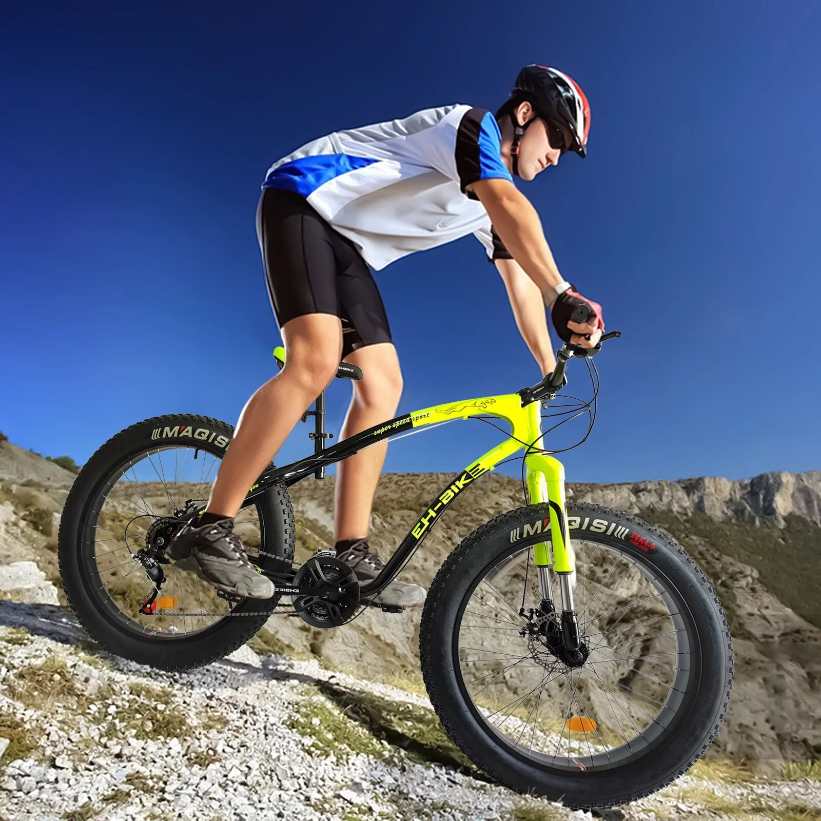 Mens Fat Tire Mountain Bike, 26-Inch Wheels, 4-Inch Wide Knobby Tires, 7-Speed, Steel Frame, Front and Rear Brakes 76.8x24.8x41.3in - Black