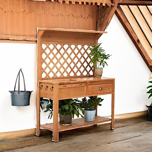 Outsunny Garden Potting Bench, Outdoor Wooden Workstation Table w/Metal Screen, Drawer, Hooks, Storage Shelf, and Lattice Back for Patio