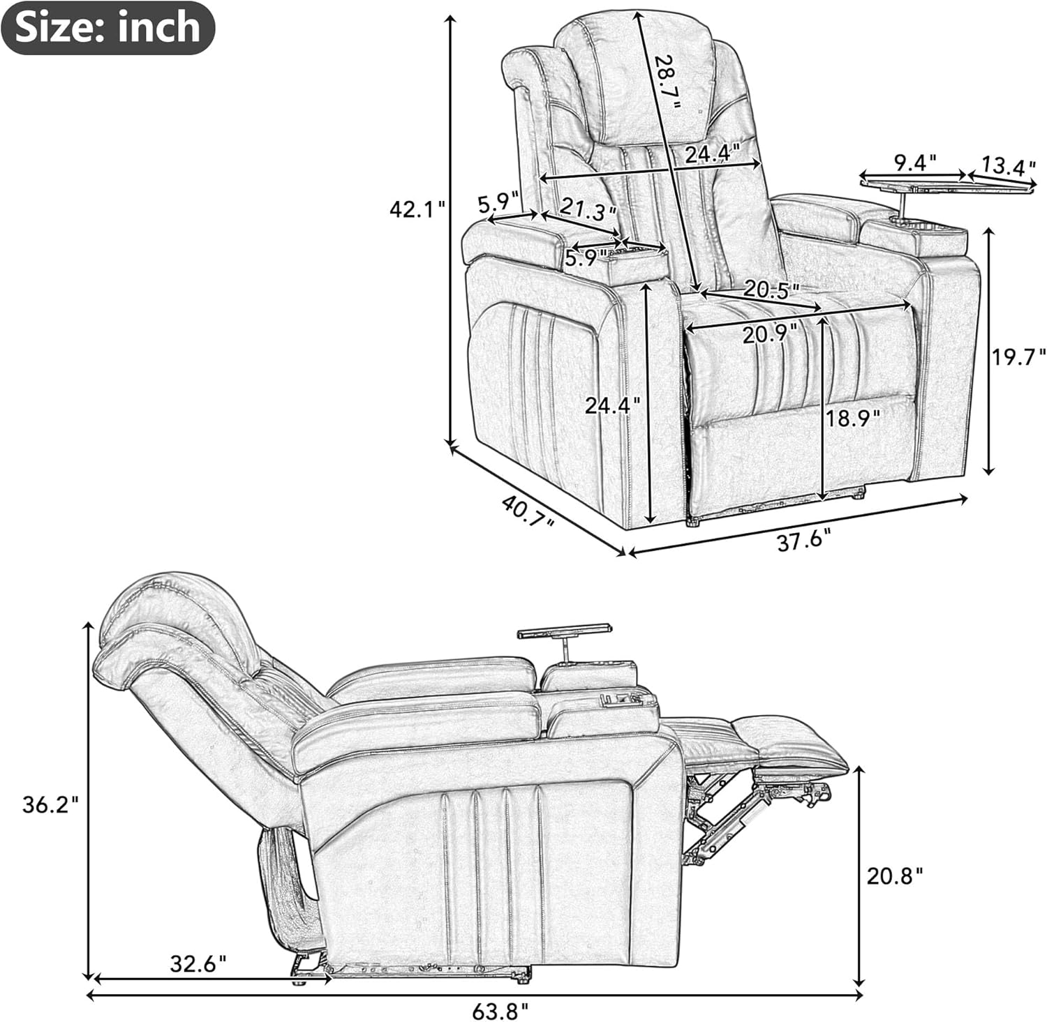 PU Leather Power Recliner Home Theater Recliner with Power Adjustable Headrest, Wireless Charging Device, USB Port, Storage Arms