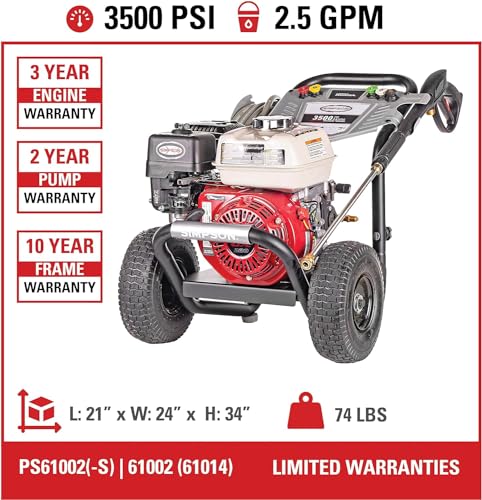Simpson 61014 3500 PSI at 2.5 GPM Honda GX200 with AAA AX300 Axial Cam Pump Cold Water Professional Gas Pressure Washer PS61002-S