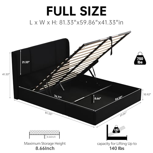 VELOCAVA Queen Size Lift Up Storage Bed with Modern Wingback Headboard, Upholstered Platform Bed with Fabric with Hydraulic Support Bars