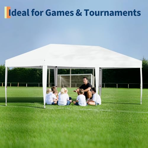 10x20 Pop Up Canopy - Easy Up Camping Tent with One Roller Bag, 3 Adjustable Height, 4 Weight Bags for Deck, Garden, Sports, Beach, Party - White