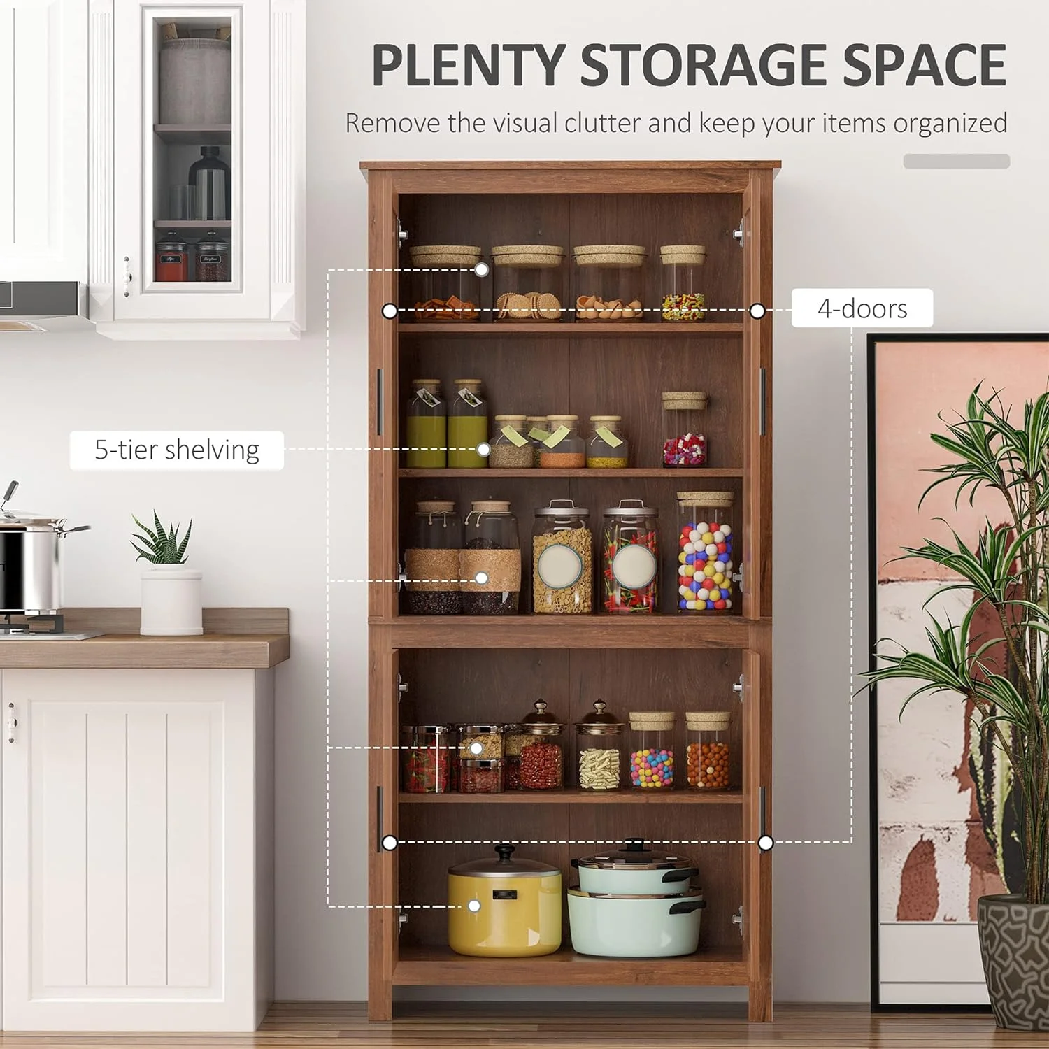 64" 4-Door Kitchen Pantry, Freestanding Storage Cabinet with 3 Adjustable Shelves for Kitchen, Dining or Living Room, Oak