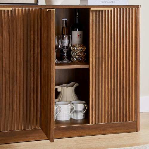 67" Fluted Oak Buffet Cabinet Sideboard with Storage, Large Credenza with 6 Doors