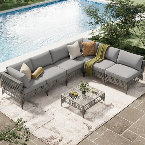 U-MAX 7 Piece Outdoor Patio Furniture Set, PE Rattan Outdoor Wicker Sectional Furniture Chair Set with Cushions and Tea Table