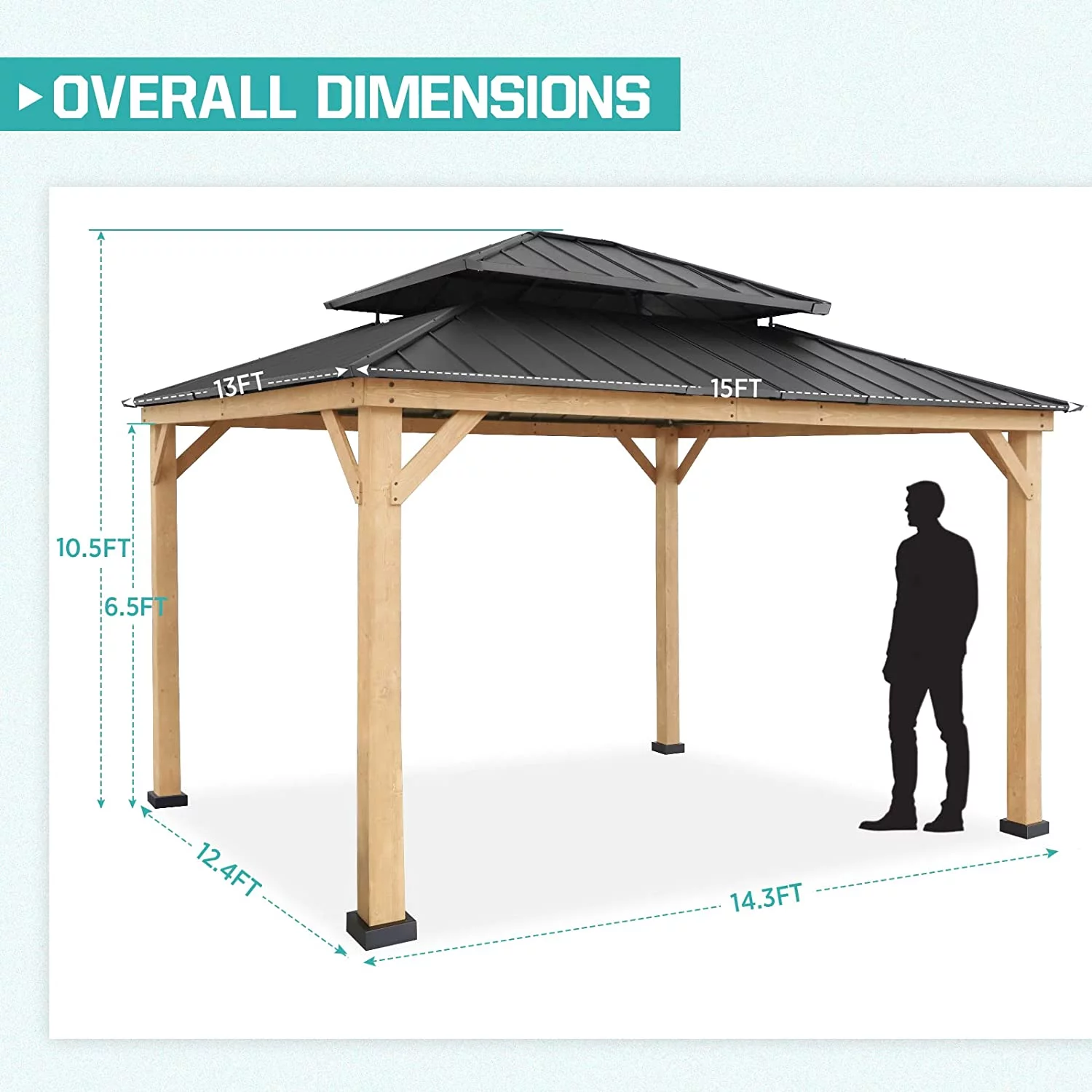 EAGLE PEAK 13' x 11' Outdoor Cedar Framed Hardtop Gazebo, Galvanized Steel Double Roof Gazebo Canopy for Garden, Patio, Lawn and Party, Black