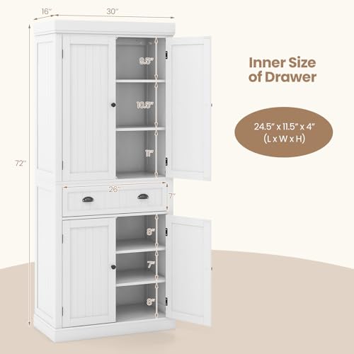 Tangkula 72" H Kitchen Pantry Cupboard Cabinet, Traditional Freestanding Large Tall Storage Cabinet with 2 Cabinets and Drawer, Adjustable Shelves