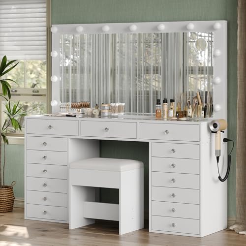 55" W Vanity Desk, Makeup Vanity with Charging Station, 15 Drawers with Lighted Mirror, 3 Lighting Modes, Brightness Adjustable, Glass Top