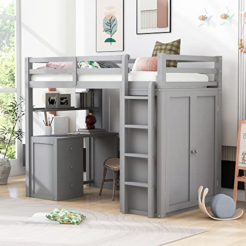 Harper & Bright Designs Full Size Loft Bed with Desk and Wardrobe, Solid Wood Loft Bed Frame with Storage Drawers, for Kids Teens Adults (White)