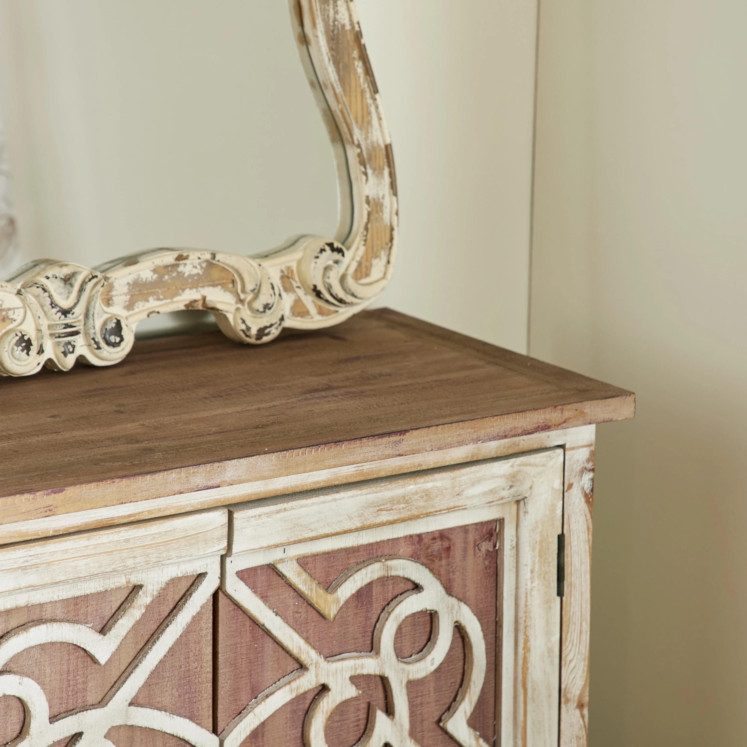 DecMode 28" x 31" Light Brown Wood 1 Shelf and 2 Door Geometric Cabinet with Carved Relief Overlay, 1-Piece