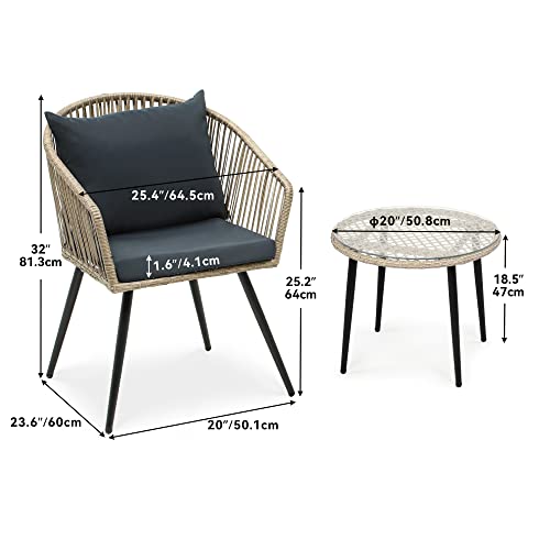 YITAHOME 3-Piece Outdoor Patio Furniture Wicker Bistro Set, All-Weather Rattan Conversation Chairs for Backyard, Balcony and Deck with Soft Cushions