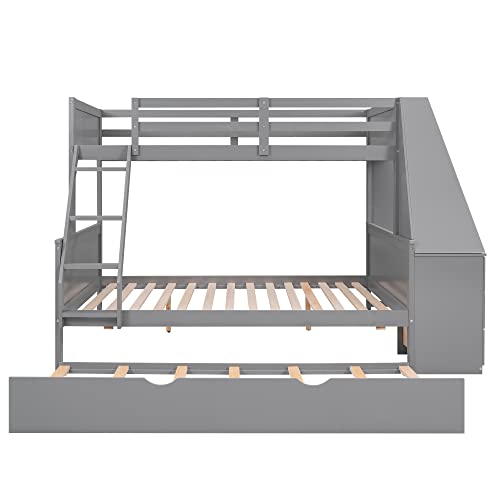 Twin Over Full Bunk Bed with Desk and Trundle, Wooden Bunk Beds Twin over Full Size with Storage Drawers and Shelf