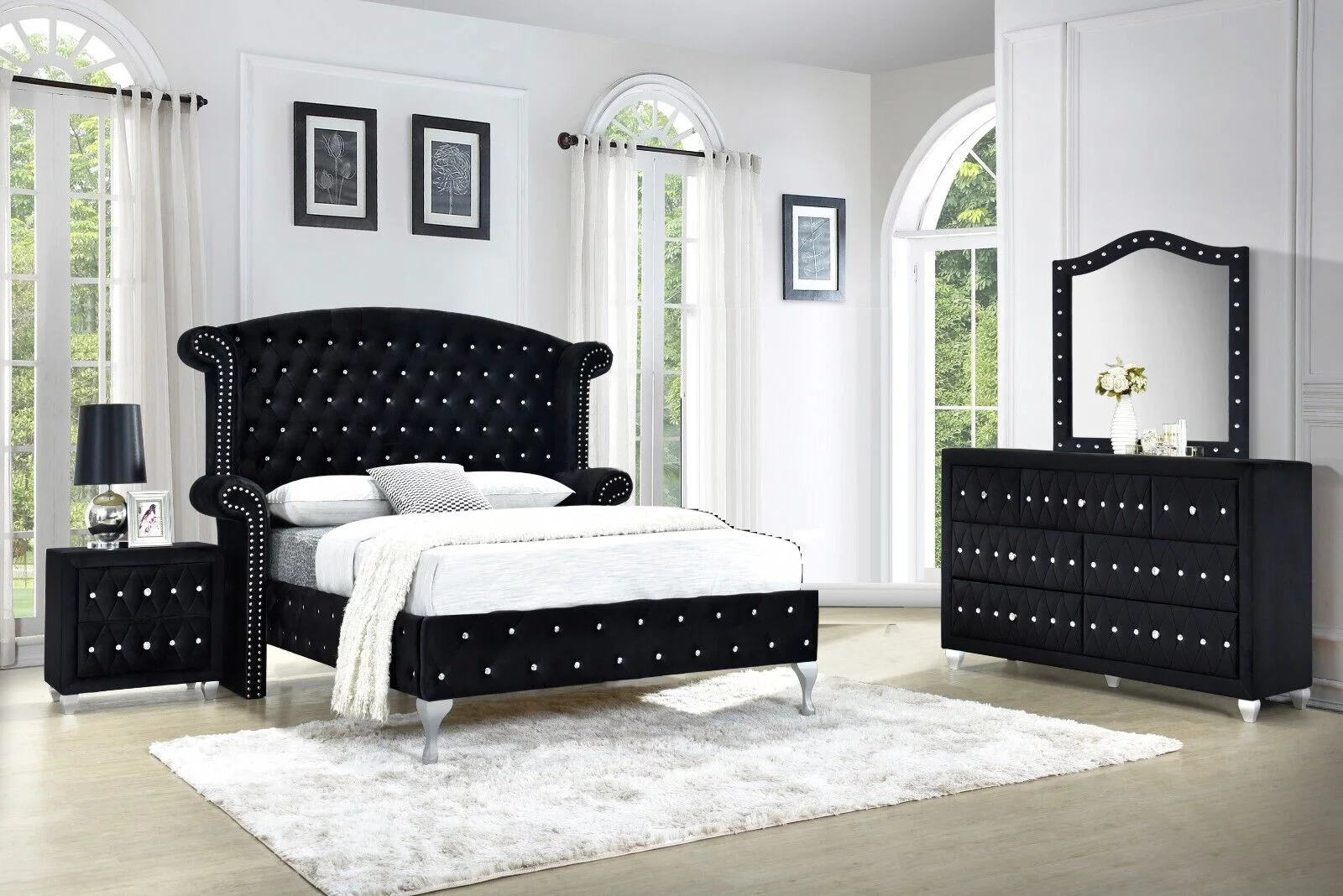 Modern 4Pc Queen Size Bed Dresser Mirror Nightstand Set Master Bedroom Furniture Black Velvet