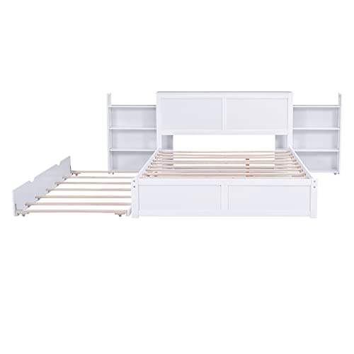 SOFTSEA Full Murphy Bed Wall Beds, Wood White Cabinet Bed 61.5” Foldable Platform Bed with Shelf for Guest Room