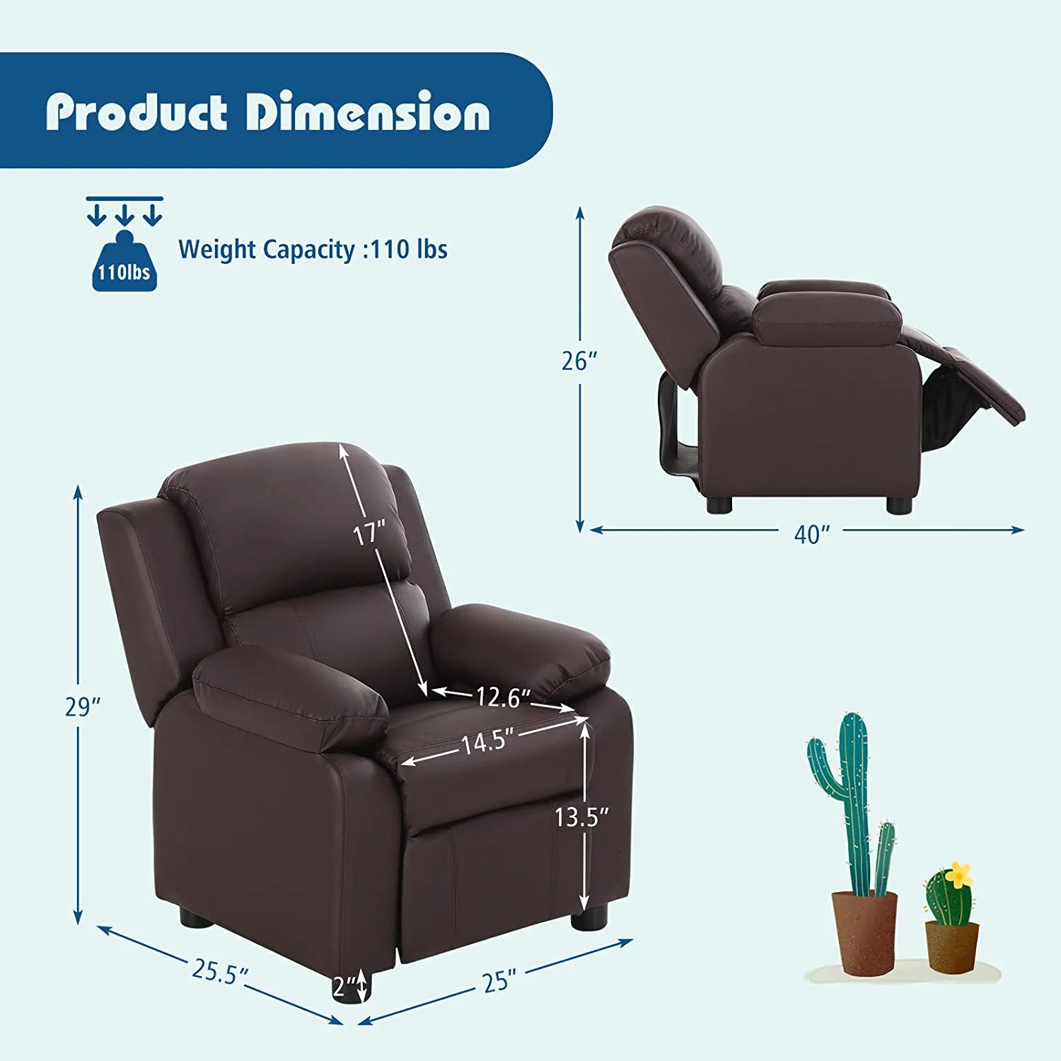 Kids Recliner, Leather Recliner Chair w/Footrest, Armrest Storage, Headrest & Lumbar Support, Ergonomic Lounge Chair for Living & Gaming Room