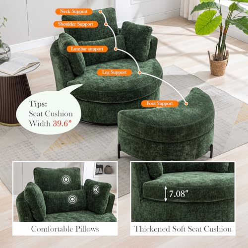 Aoiy & Wifon 42.2" W Oversized Swivel Barrel Chair with Ottoman, Upholstered Round Accent Chair with Storage Ottoman, Chenille, Beige
