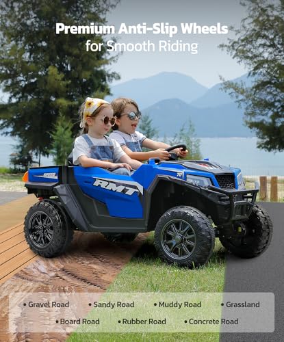 ELEMARA 24V Ride on Toy for Big Kid,Ride on Car 2 Seater w/Sun Shade,Dump Bed & Shovel,4.5MPH,4WD Electric Car for Kids,Battery Car w/Remote