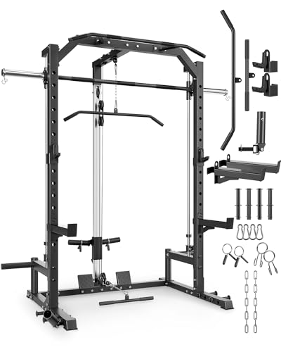 Smith Machine Home Gym with Barbell Bar, Cable System, Lat Pulldown Attachments, Safety Spotter Arms, J Hooks, Landmine