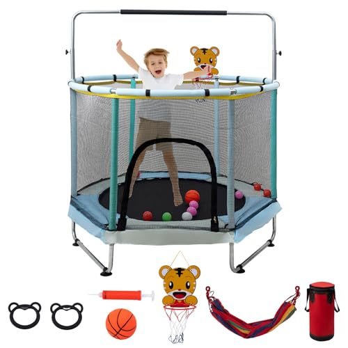 Trampoline for Kids, 5FT Adjustable for Toddler, Indoor/Outdoor Baby Trampoline with Enclosure Net, No-Gap Safe Design, Gifts for Boys & Girls