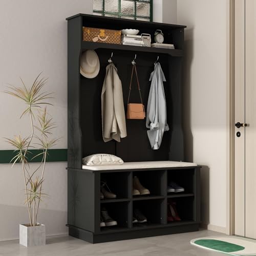 MOUMON Entryway Coat Rack with Storage Bench, Mudroom Storage Hall Tree with Shoe Rack, Hanging Hooks