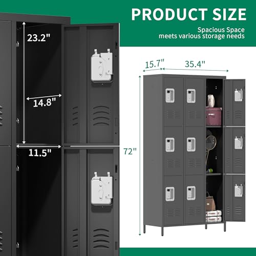 Metal Locker 3 Doors Storage Lockers for Employee,72" Tall Locker with Shelves and Hooks Steel Sports Locker for Office School Office Gym Home Garage