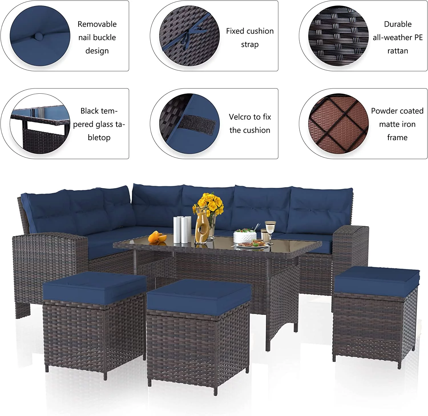 ALAULM 7 Pieces Outdoor Patio Furniture Set with Dining Table Outdoor Dining Set Sectional Sofa Brown Rattan Patio Conversation Set with Red Cushions