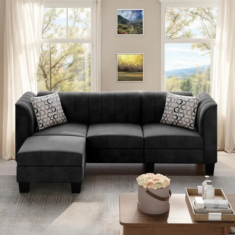 Living room sofa L-shaped convertible modular sofa bed with high armrestsLinen fabric home furniture, black