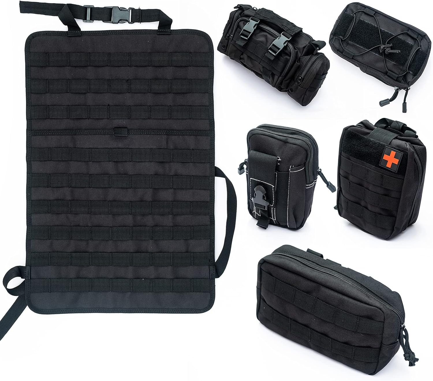 Tactical Car Seat Back Organizer with 5 Detachable Molle Pouch--1 Medical Kit & 4 Admin Pouch, Tactical Vehicle Panel for Truck, Jeep, SUV, Car, Ford