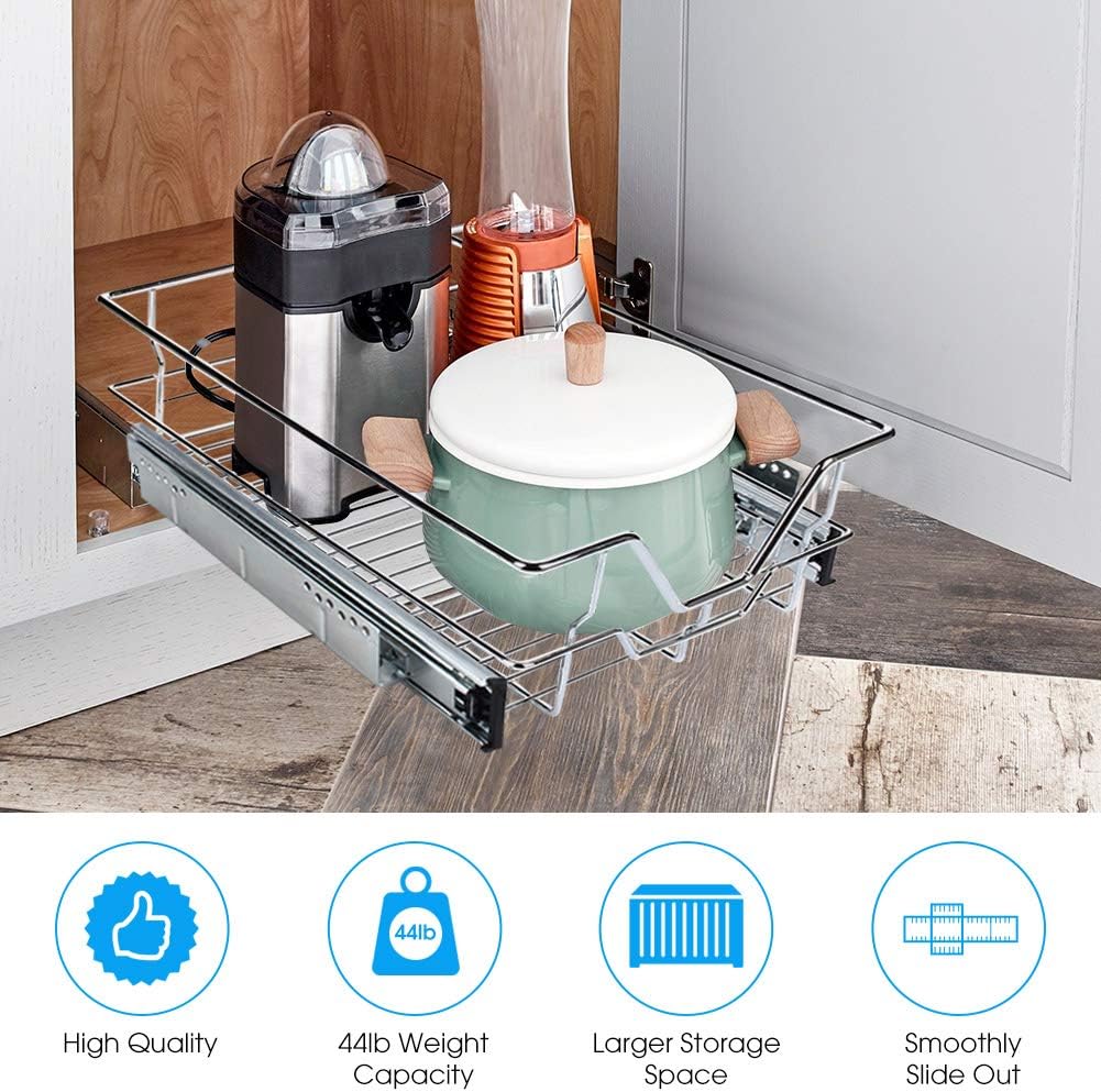 Kitchen Sliding Organizer, Cocoarm Pull Out Cabinet Shelf Sliding Drawer Organizer Chromes Wire Pots Pans Storage Basket for Kitchen Cabinet Bathroom