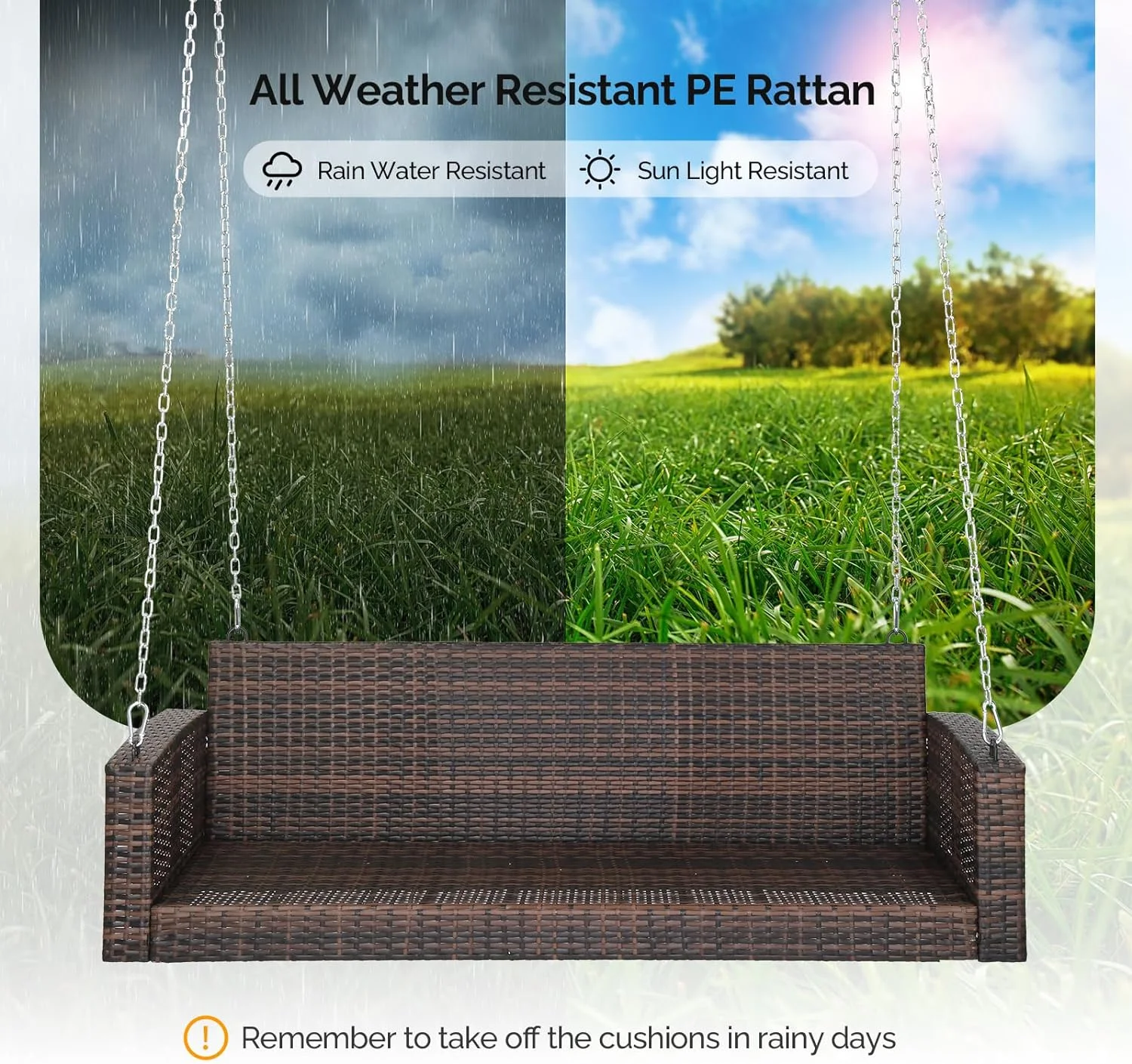 VINGLI 5 ft Rattan Outdoor Porch Swing, Heavy Duty 800 lbs Wicker Hanging Swing with Cushions for Porch, Yard, Balcony, Tree, Brown
