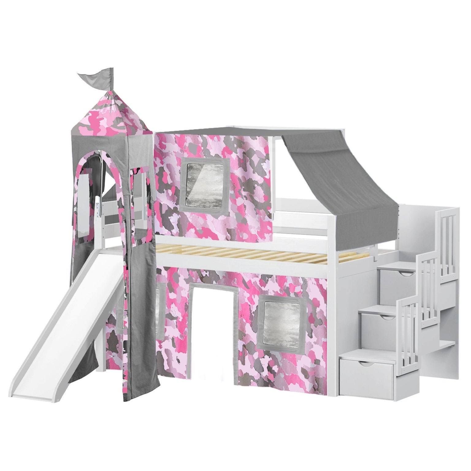 Jackpot! Princess Low Loft Twin Stairway Bed with Slide Pink Camo Tent and Tower, Blue