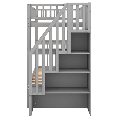 Harper & Bright Designs Bunk Beds Twin Over Full Size, Bunk Bed with Trundle,Storage Shelf and Stairway
