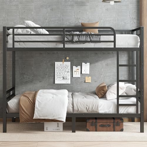 Heavy Duty Bunk Bed Frame with Ladder, Twin XL Over Twin XL Bunk Beds with Safety Guardrails, Adults Bunk Beds with Noise-Reducing Rubber Stoppers