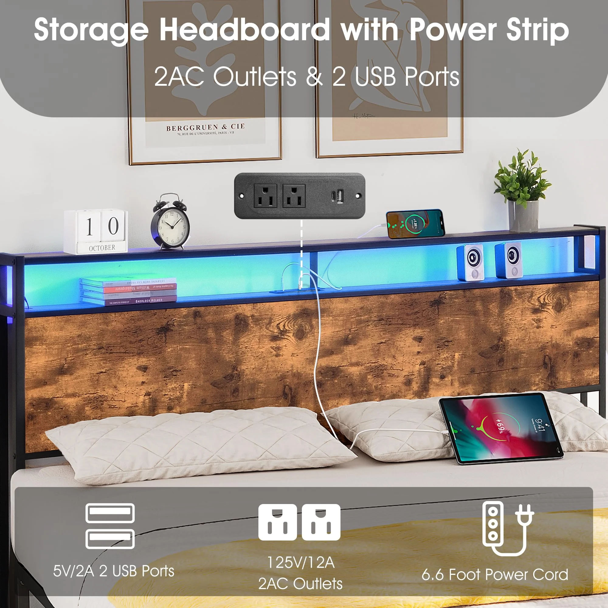 Full Size Bed Frame with Storage Headboard Charging Station USB Outlet
