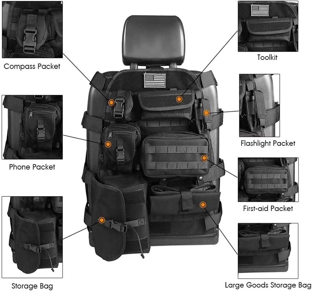 SUNPIE Upgrade Large Seat Size Universal Tactical Seat Cover for Trucks Multi Pockets Molle Seat Back Organizer Fit J eep Wrangler JL/JLU/Gladiator