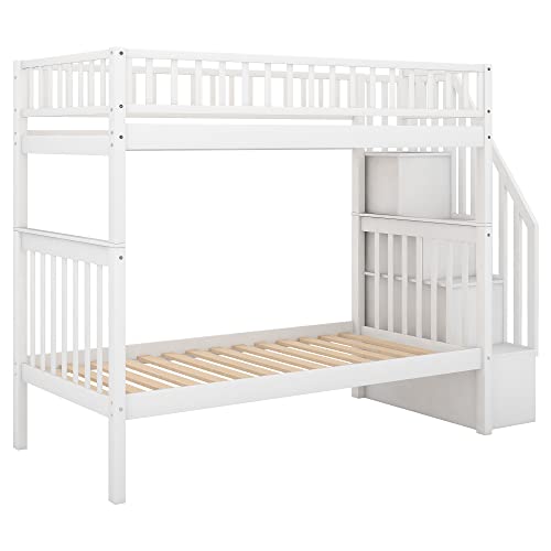 Harper & Bright Designs Bunk Beds Twin Over Full Size, Bunk Bed with Trundle,Storage Shelf and Stairway