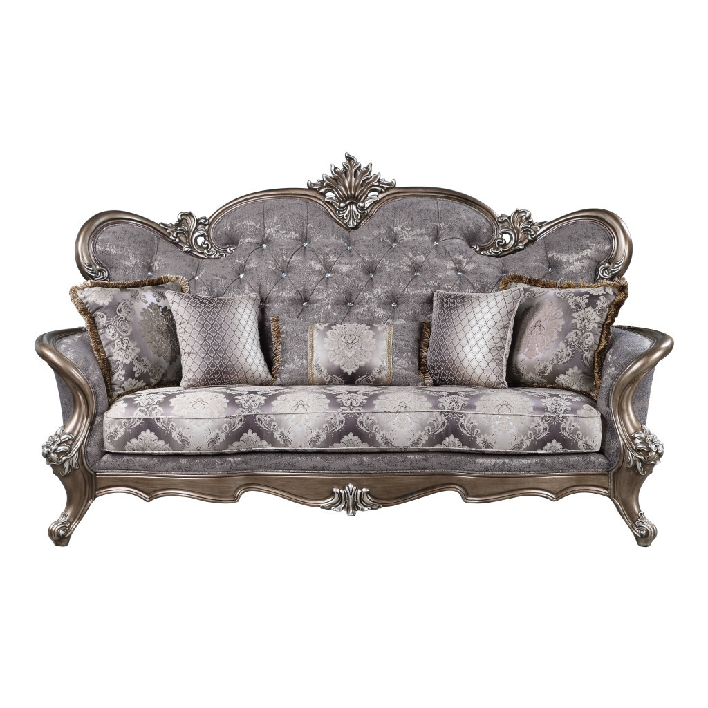 HomeRoots 491341 90 in. Fabric Cotton Blend & Bronze Sofa with Five Toss Pillows