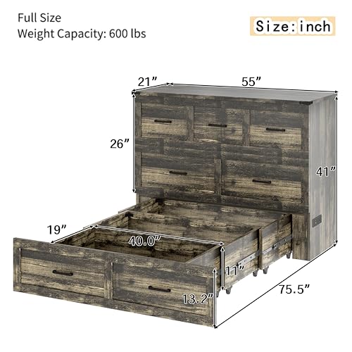 Queen Size Murphy Bed Cabinet with Charging Station, Farmhouse Murphy Bed with Large Storage Drawer, Foldable Wall Beds for Home Office, Small Room