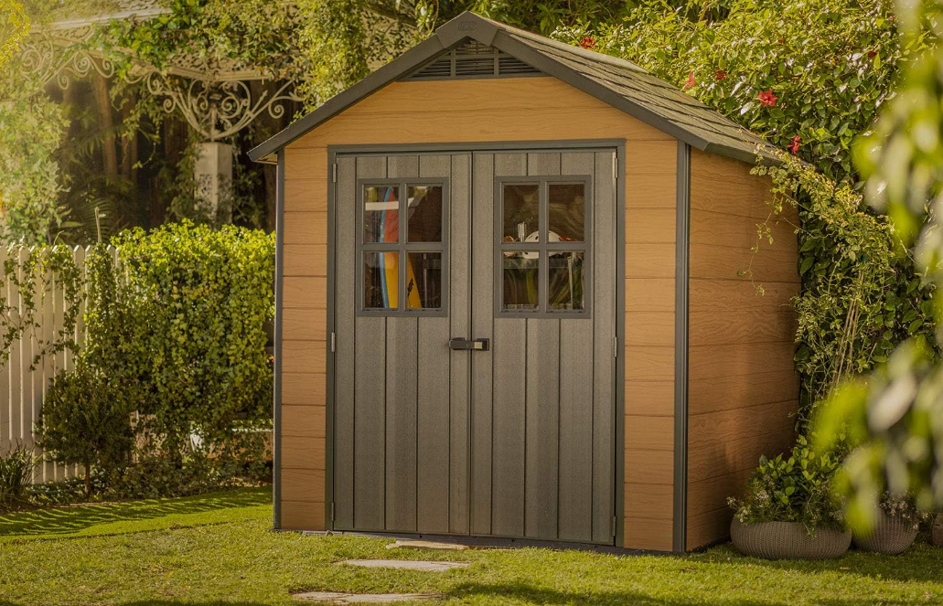 KETER Newton 7.5x7 Large Resin Outdoor Storage Shed Kit &ndash; Perfect to Store Patio Furniture, Garden Tools, Bike Accessories, and Lawn Mower