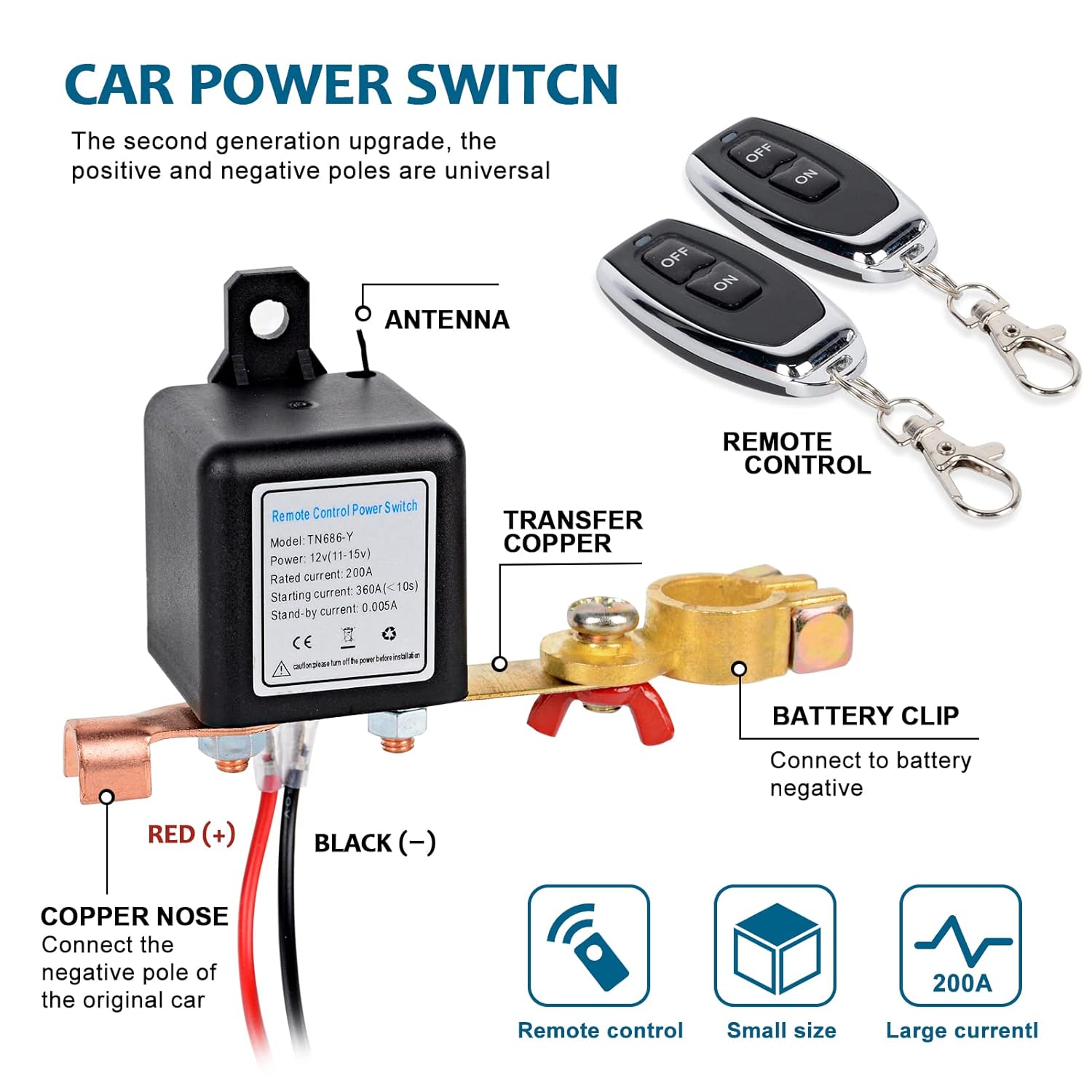 MAIKER Wireless Remote Control Battery Disconnect Switch Kill Switch for Car with 2 Keys Upgraded DC12V 200A Anti-Theft Prevent Battery Drain